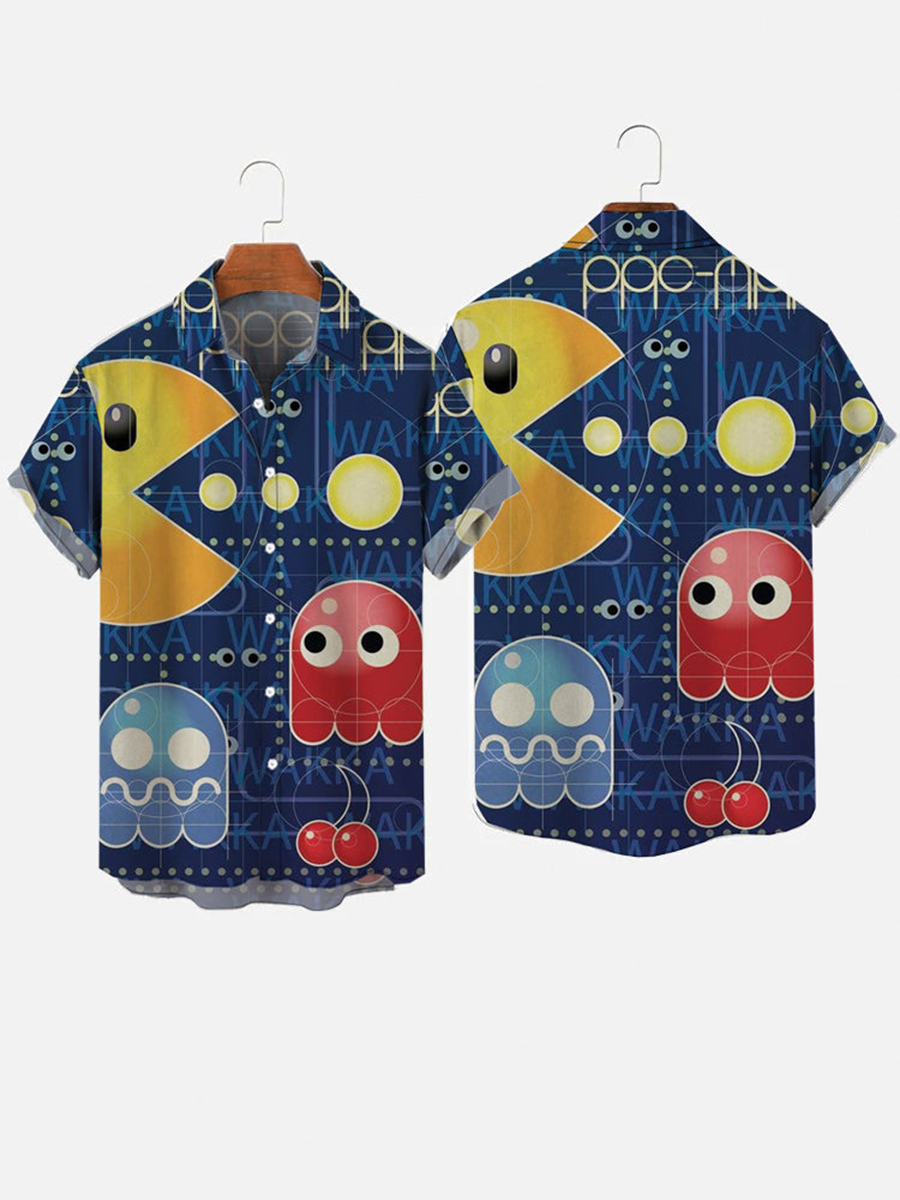 Blue Retro Game Cartoon Print Short Sleeve Shirt