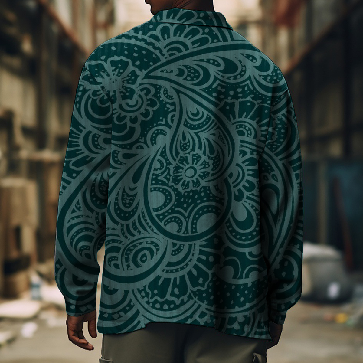 Men's Retro Green Paisley Pattern Long Sleeve Pockets Shirt Jacket