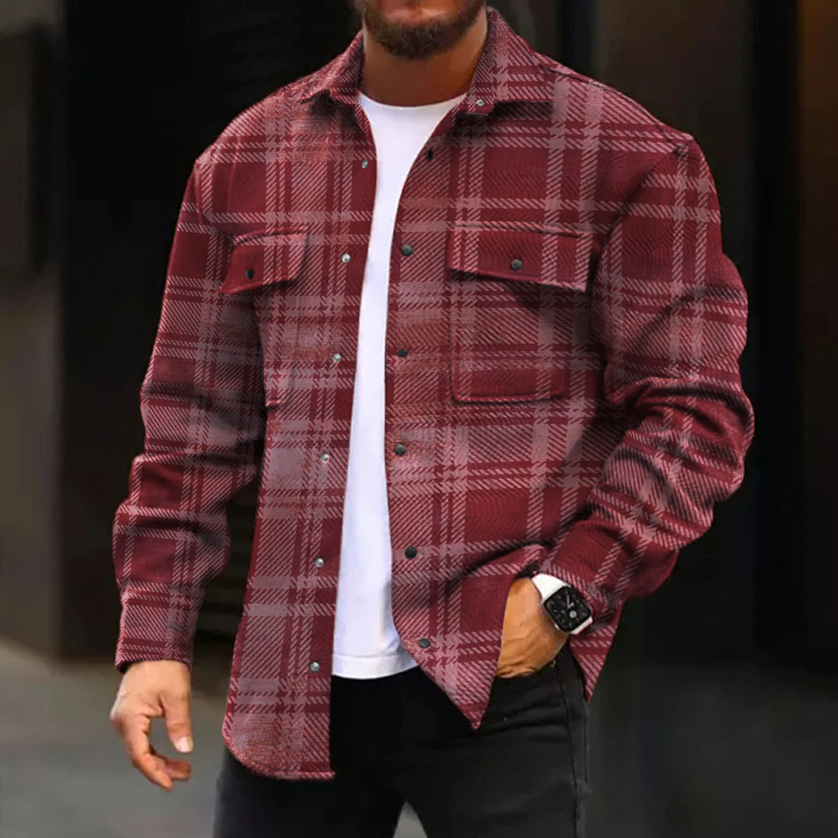 Men's Casual Jacket Retro Plaid Print Long Sleeve Pockets Shirt Jacket