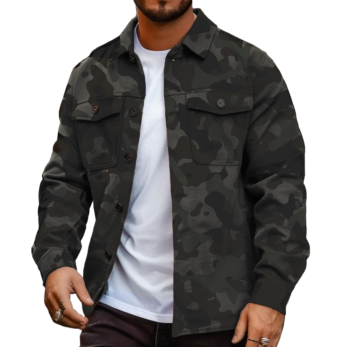 Casual Camouflage Button Down Long Sleeve Pocket Jacket
