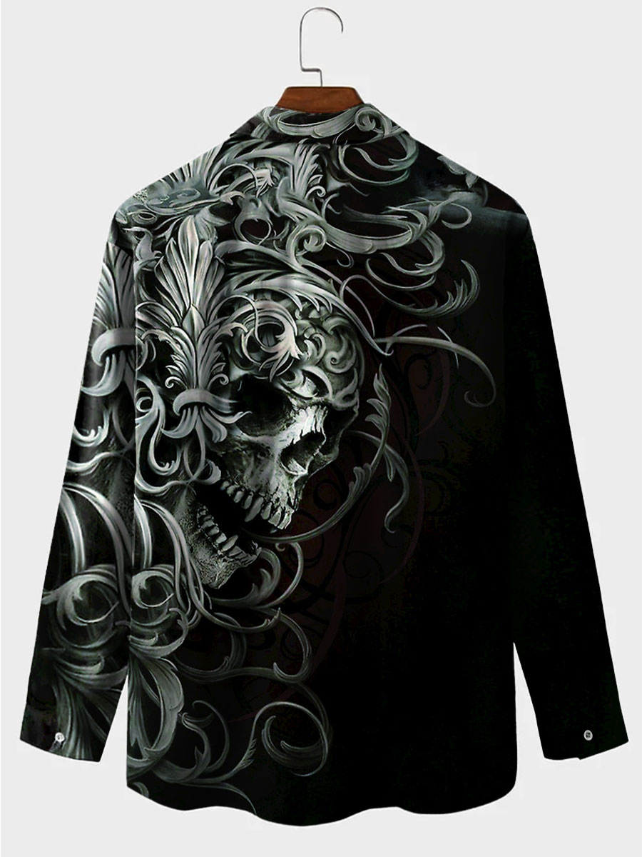 Men's Casual Shirt Vintage Skull Print Button Down Long Sleeve Shirt