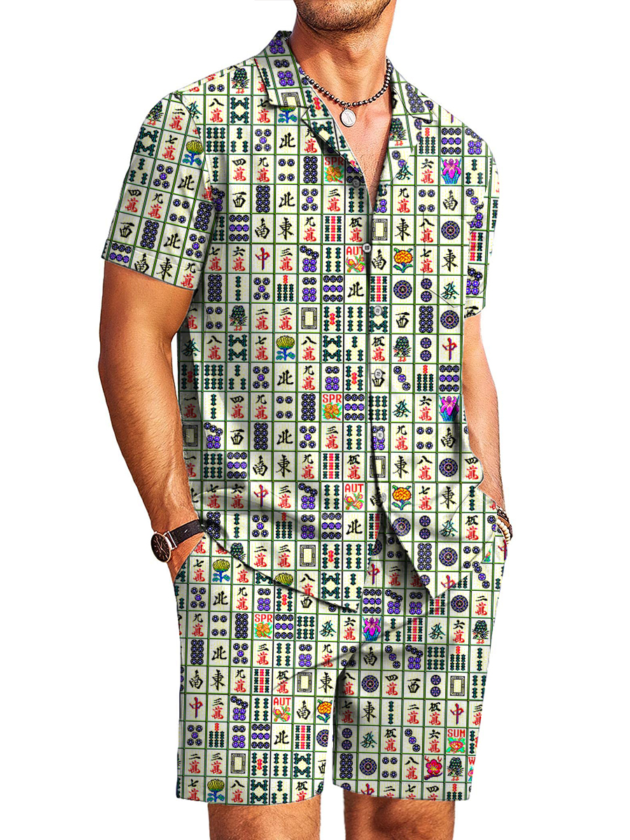 Men's Sets Hawaiian Mahjong Art Print Button Pocket Two-Piece Shirt Shorts Set