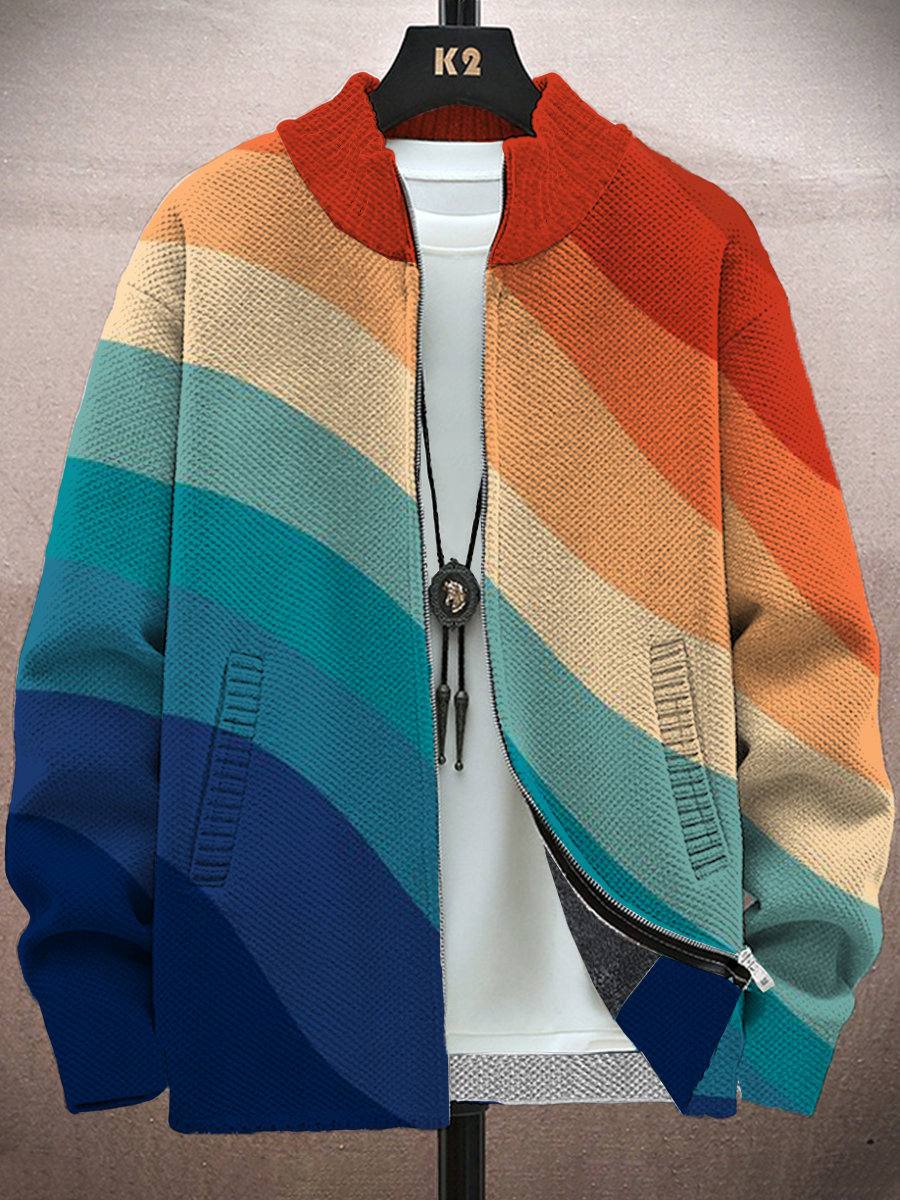 Men's Jacket Rainbow Art Pattern Long-Sleeved Zip Cardigan Jacket