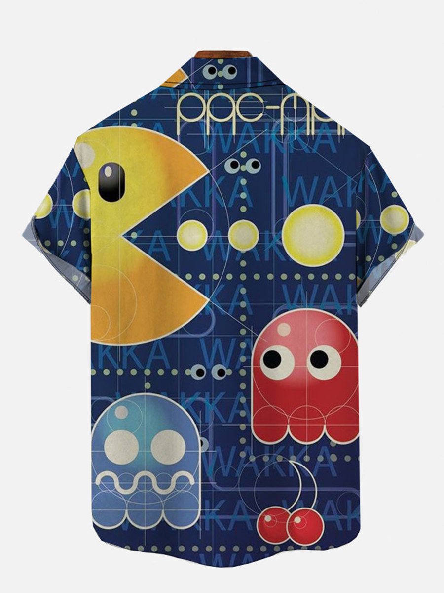 Blue Retro Game Cartoon Print Short Sleeve Shirt