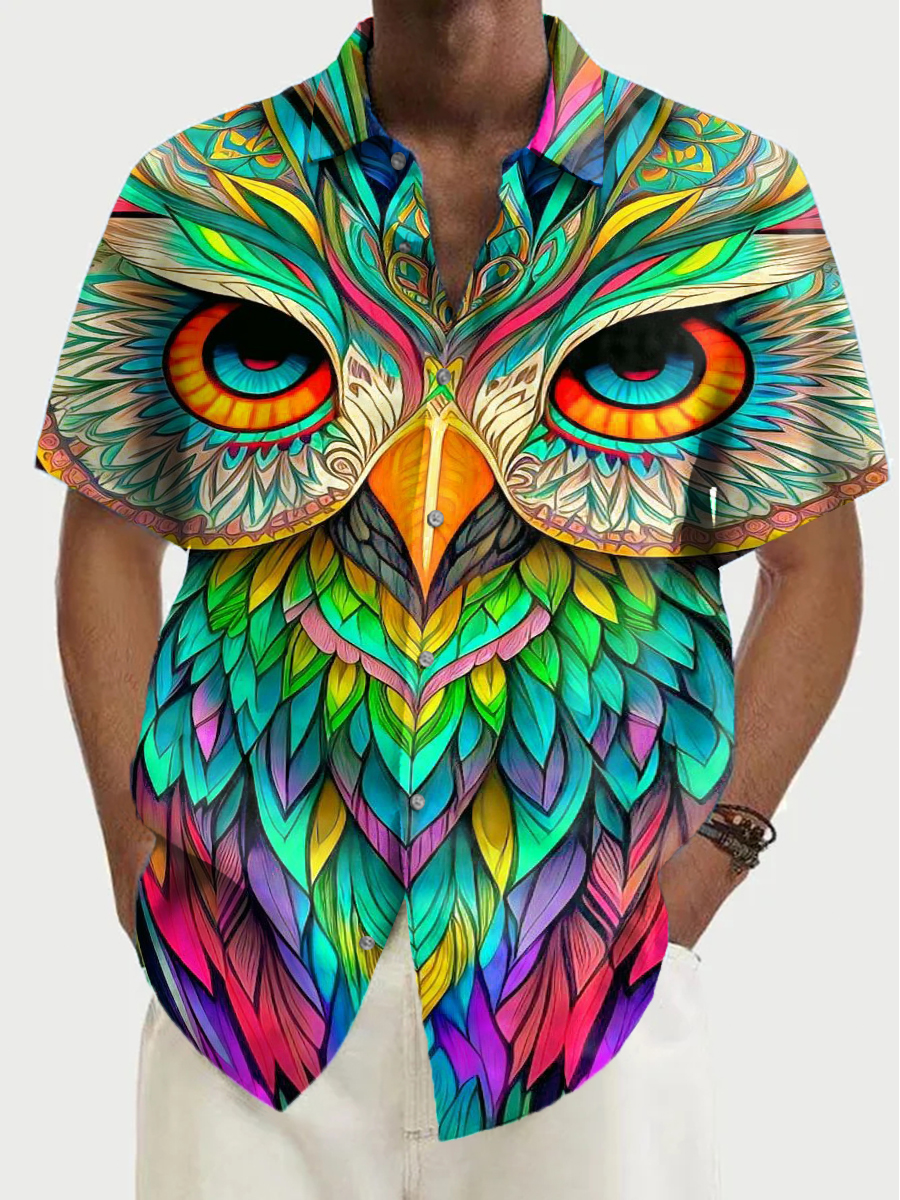 Vintage Rainbow Owl Pattern Shirt Men's Hawaiian Shirt
