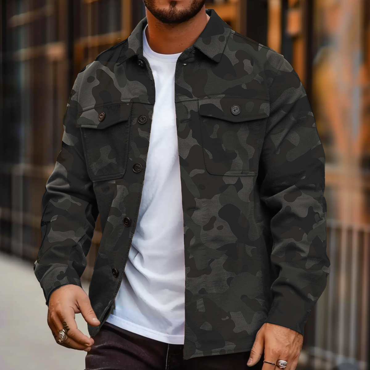 Casual Camouflage Button Down Long Sleeve Pocket Jacket