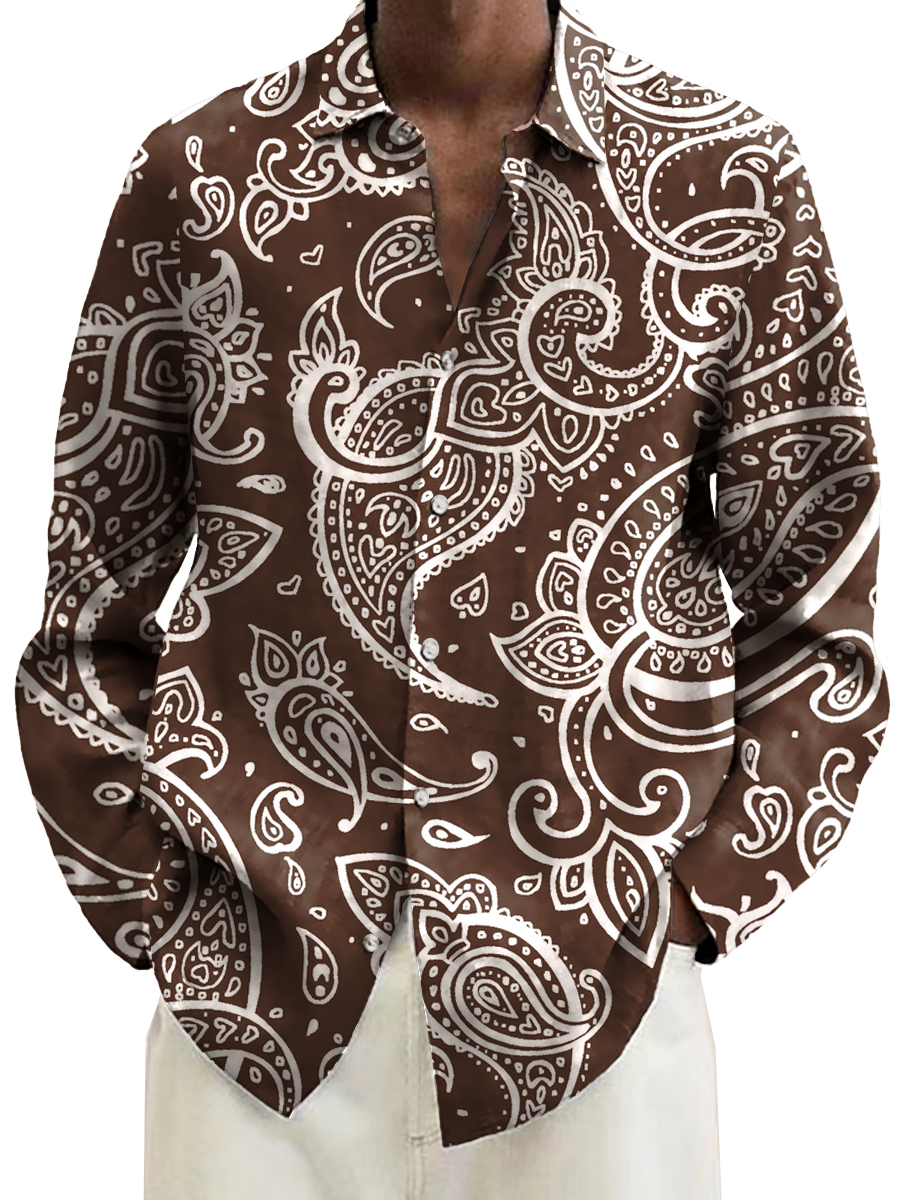 Retro Paisley Print Long Sleeve Hawaiian Shirt