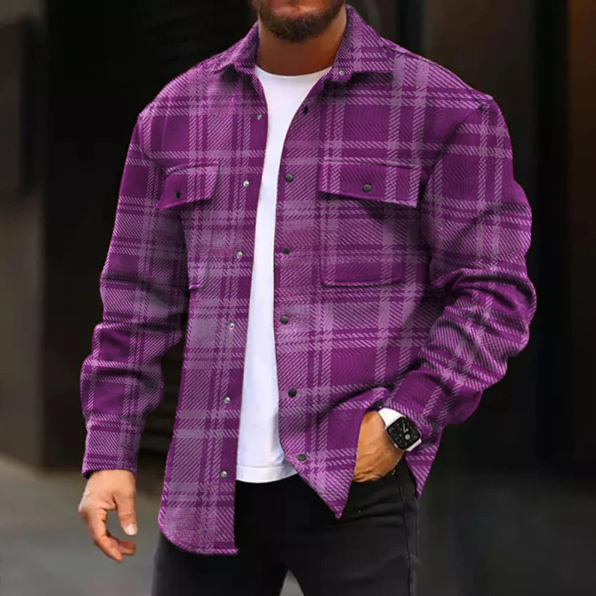 Men's Casual Jacket Retro Plaid Print Long Sleeve Pockets Shirt Jacket