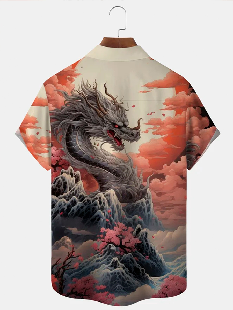 Vintage Ukiyoe Dragon Print Men's Button Pocket Shirt