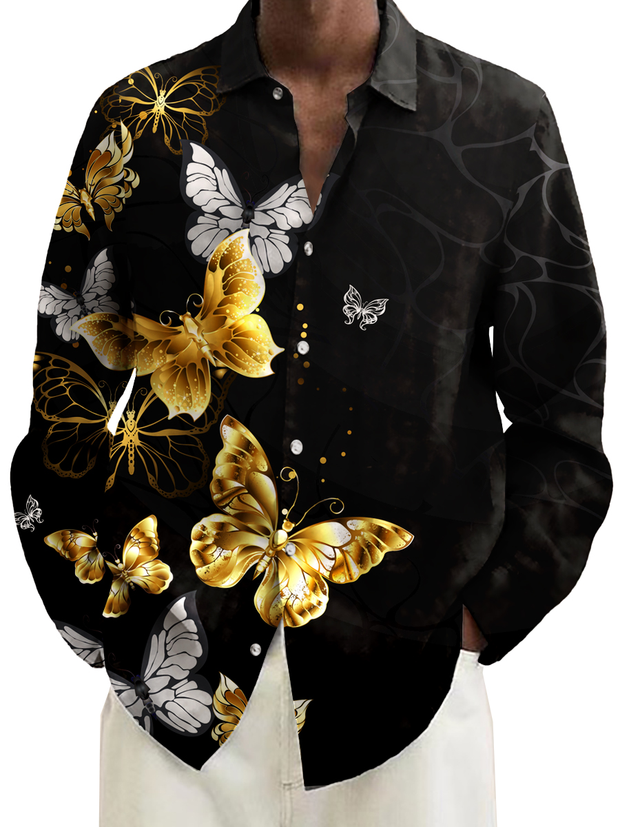 Retro Golden Butterfly Pattern Casual Loose Long Sleeved Shirt