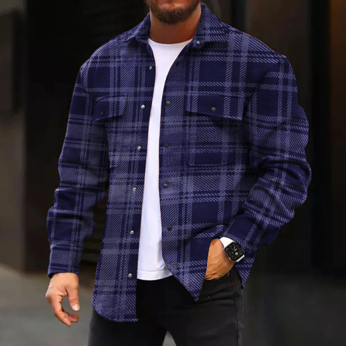 Men's Casual Jacket Retro Plaid Print Long Sleeve Pockets Shirt Jacket