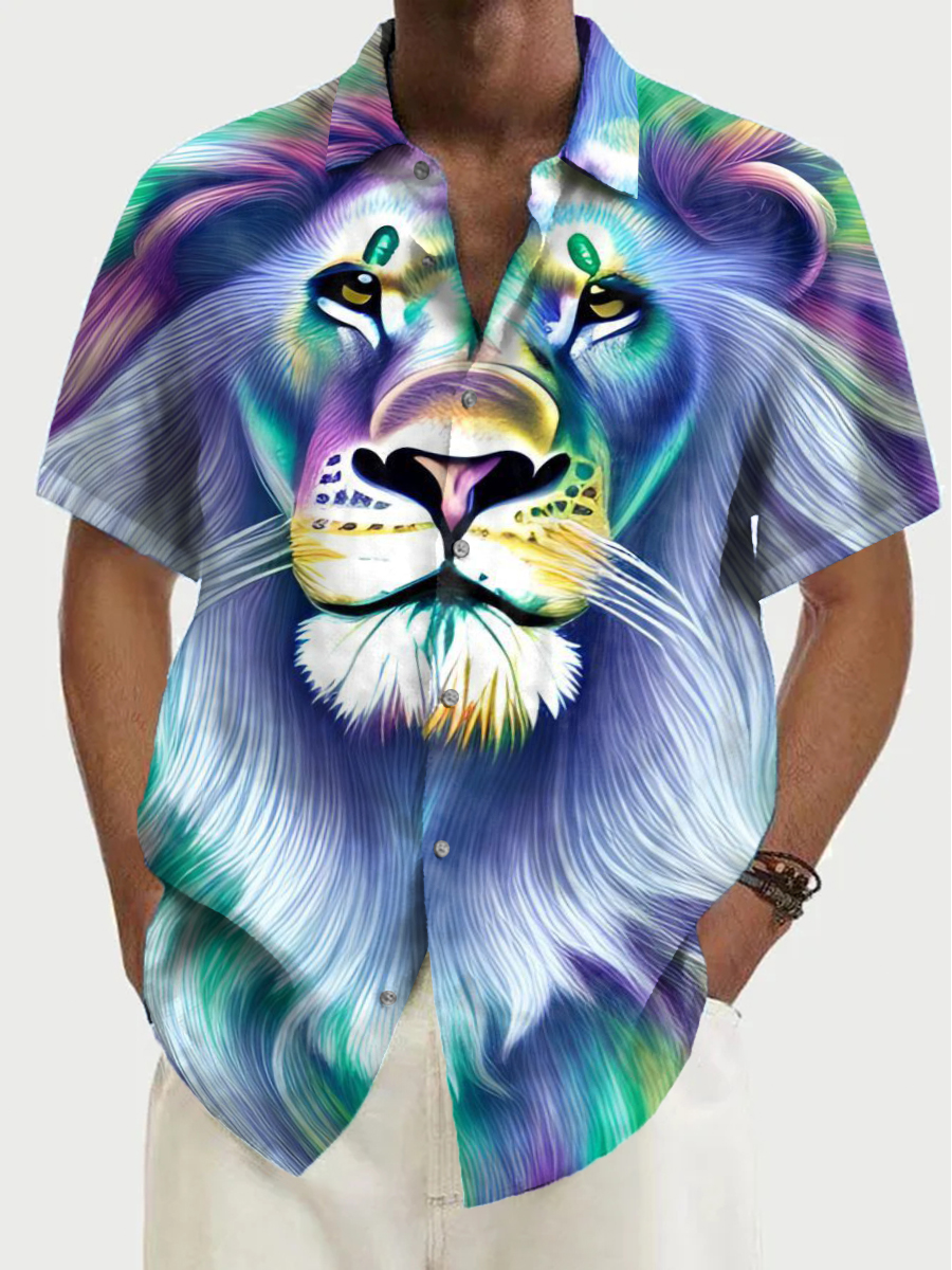 Vintage Rainbow Lion Pattern Shirt Men's Hawaiian Shirt