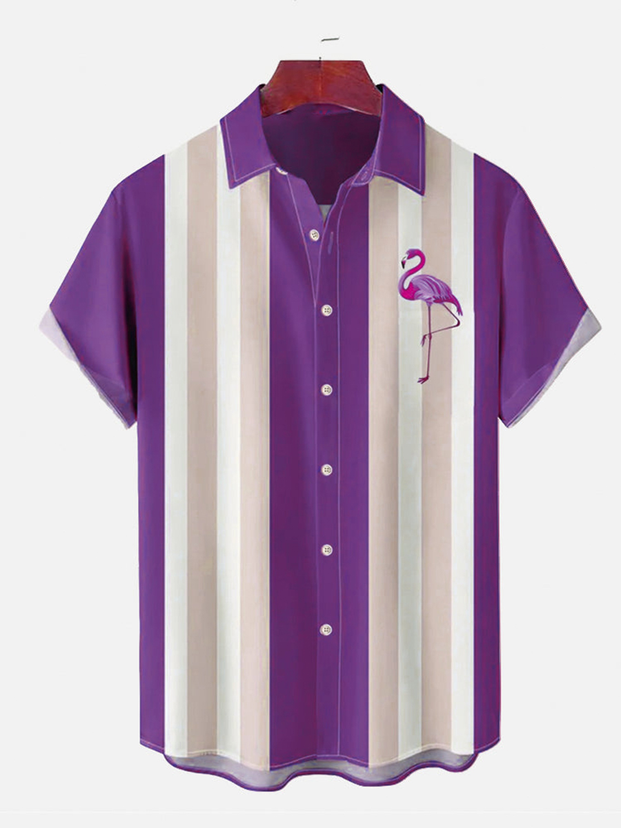 Flamingo Print Summer Bowling Style Hawaiian Short Sleeve Shirt