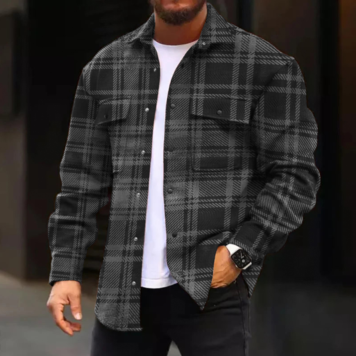 Men's Casual Jacket Retro Plaid Print Long Sleeve Pockets Shirt Jacket