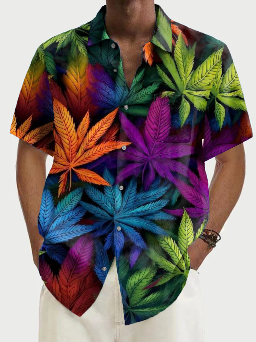 Men's Shirt Colorful Weed Art Print Vacation Oversized Short Sleeve Shirt