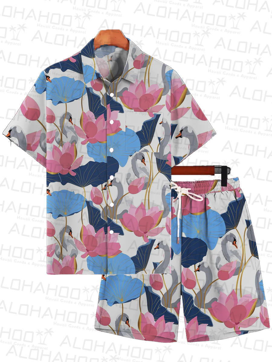 Men's Sets Hawaiian Lotus And Crane Print Button Pocket Two-Piece Shirt Shorts Set