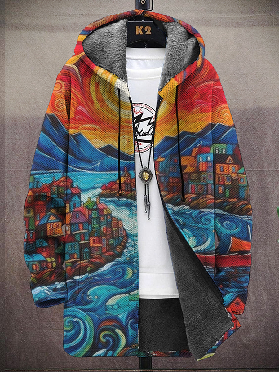 Men's Art Sunset Painting Print Hooded Two-Pocket Fleece Cardigan Jacket