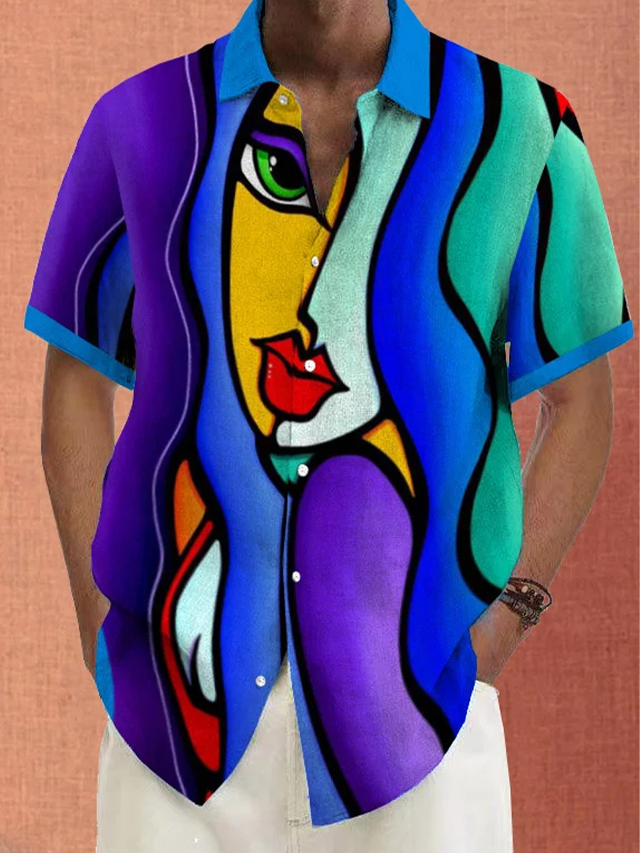 Men's Shirt Art Colorful Beauty Print Vacation Oversized Short Sleeve Shirt
