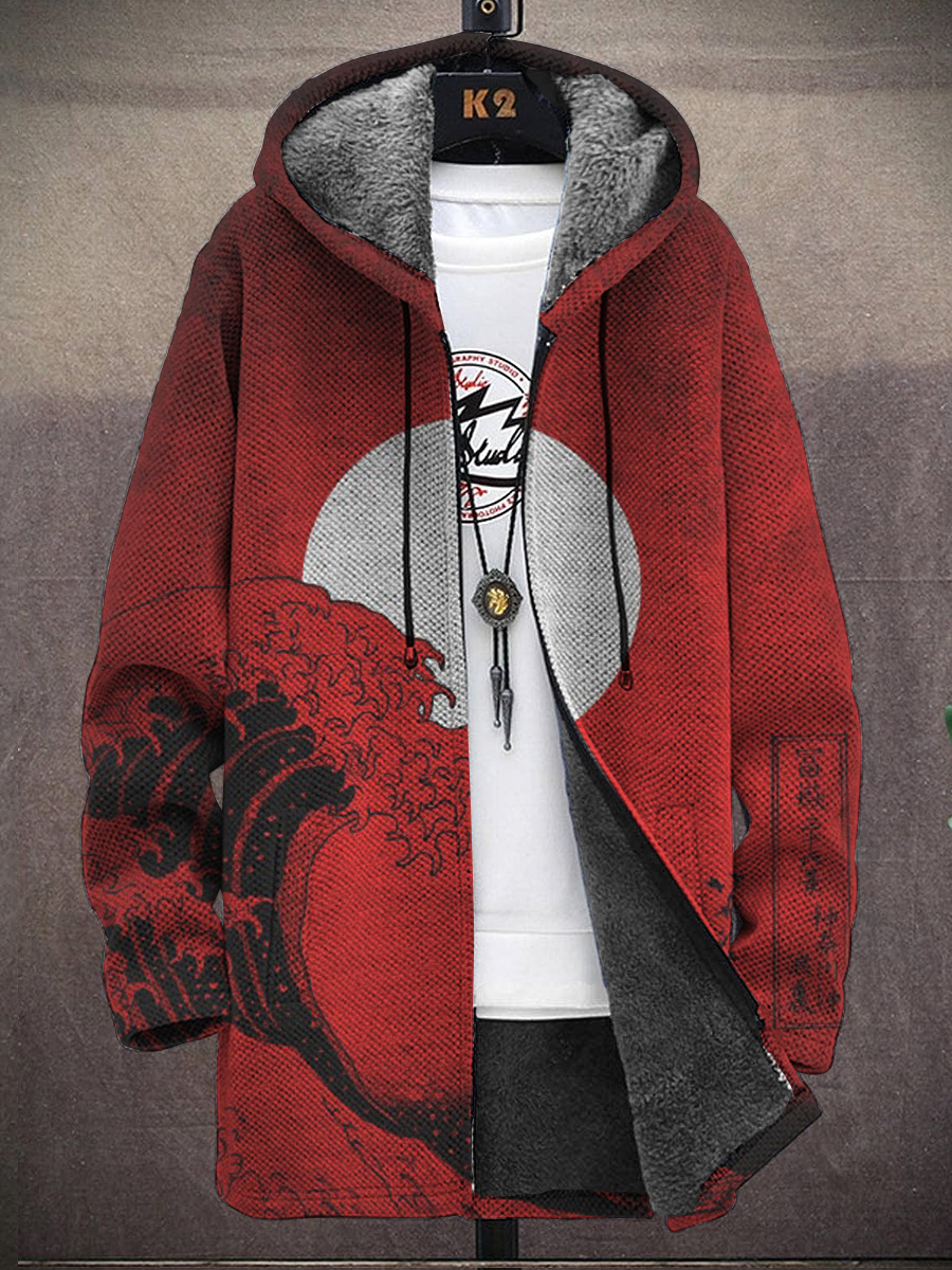 Men's Japanese Style Print Hooded Two-Pocket Fleece Cardigan Jacket