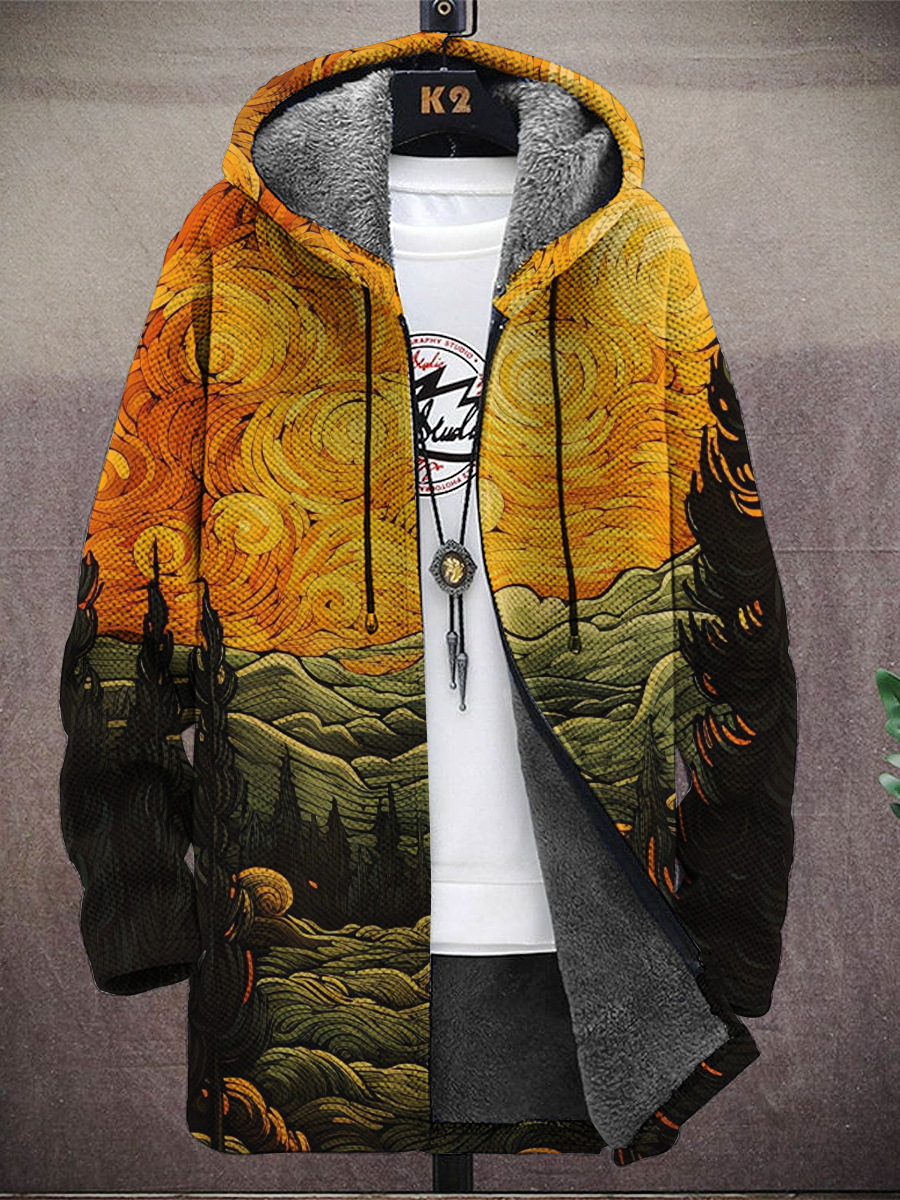Men's Art Painting Print Hooded Two-Pocket Fleece Cardigan Jacket