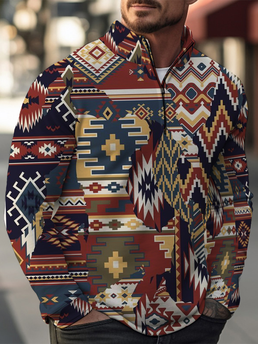 Bohemia Pattern Casual Zip Long Sleeve Sweater