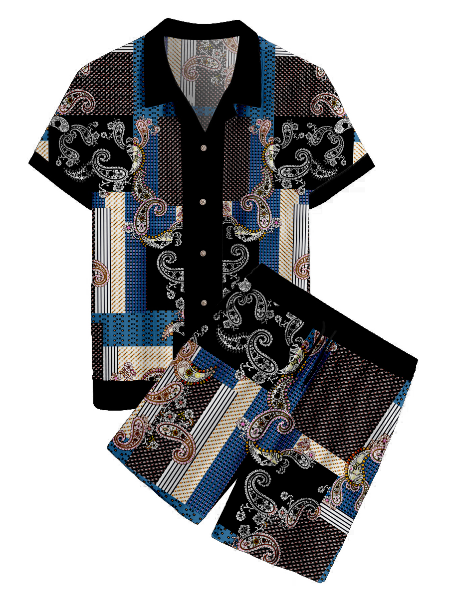Men's Sets Hawaiian Vintage Patchwork Print Button Pocket Two-Piece Shirt Shorts Set