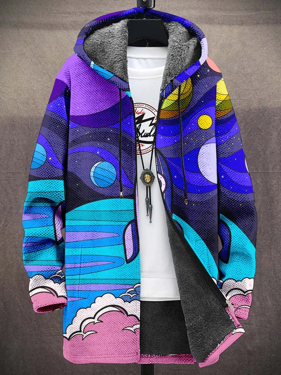 Men's Art Rocket Print Hooded Two-Pocket Fleece Cardigan Jacket