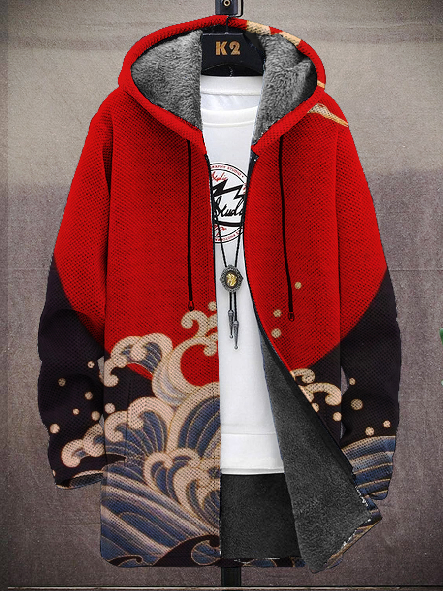 Men's Japanese Style Sun Print Hooded Two-Pocket Fleece Cardigan Jacket