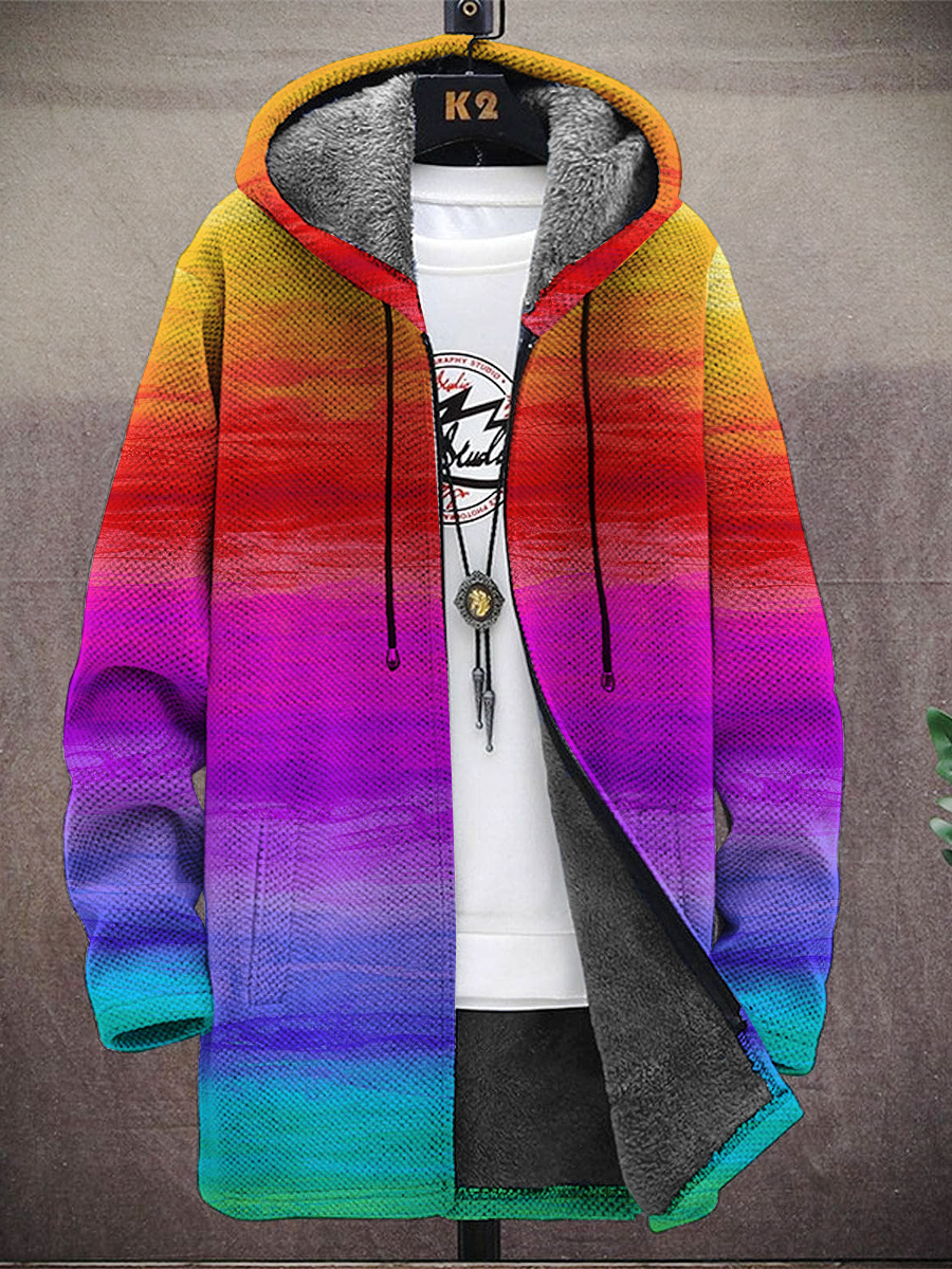 Men's Rainbow Gradient Print Hooded Two-Pocket Fleece Cardigan Jacket