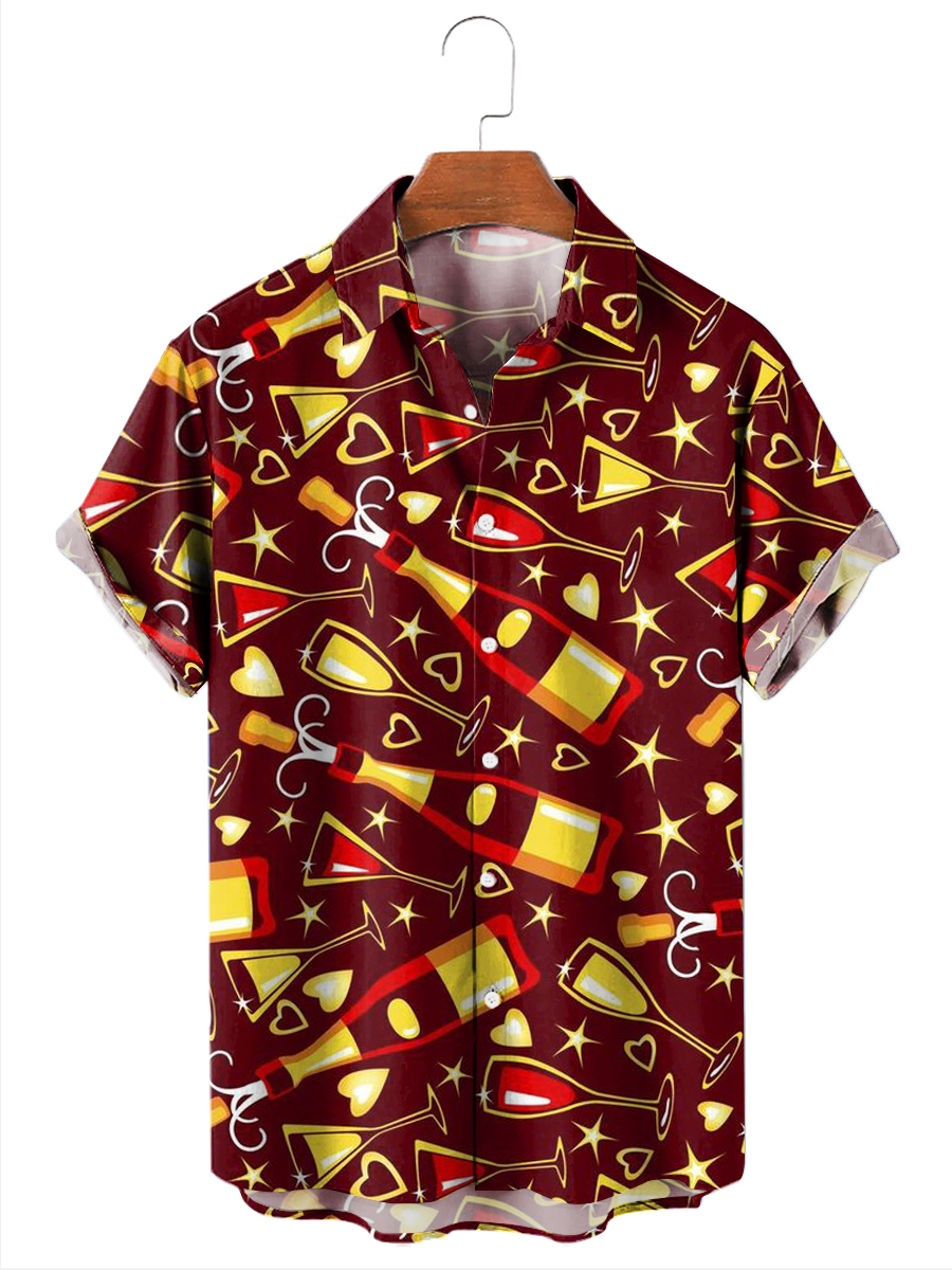 Hawaiian Christmas Wine Print Short Sleeve Shirt