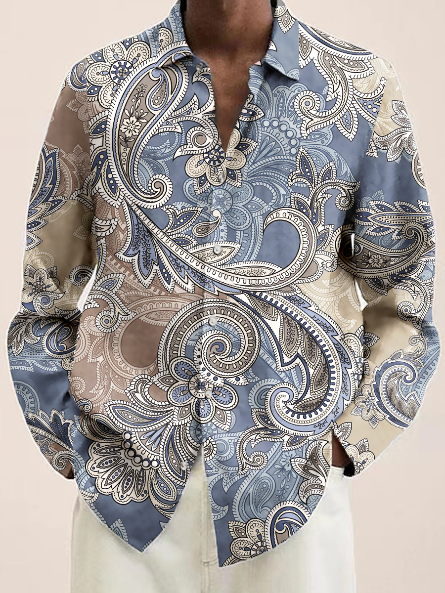Men's Hawaiian Shirt Vintage Fashion Paisley Print Casual Vacation Oversized Long Sleeve Shirt