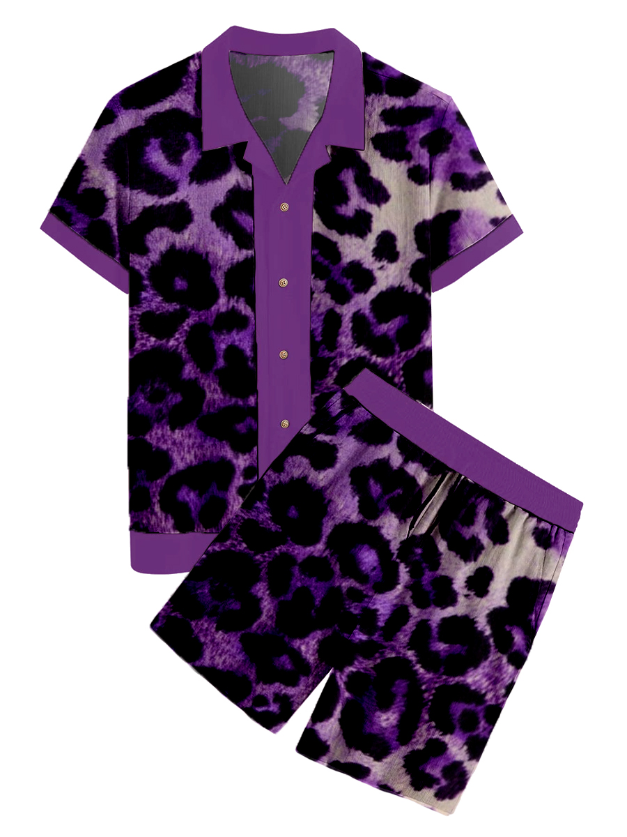 Men's Sets Hawaiian Leopard Print Button Pocket Two-Piece Shirt Shorts Set