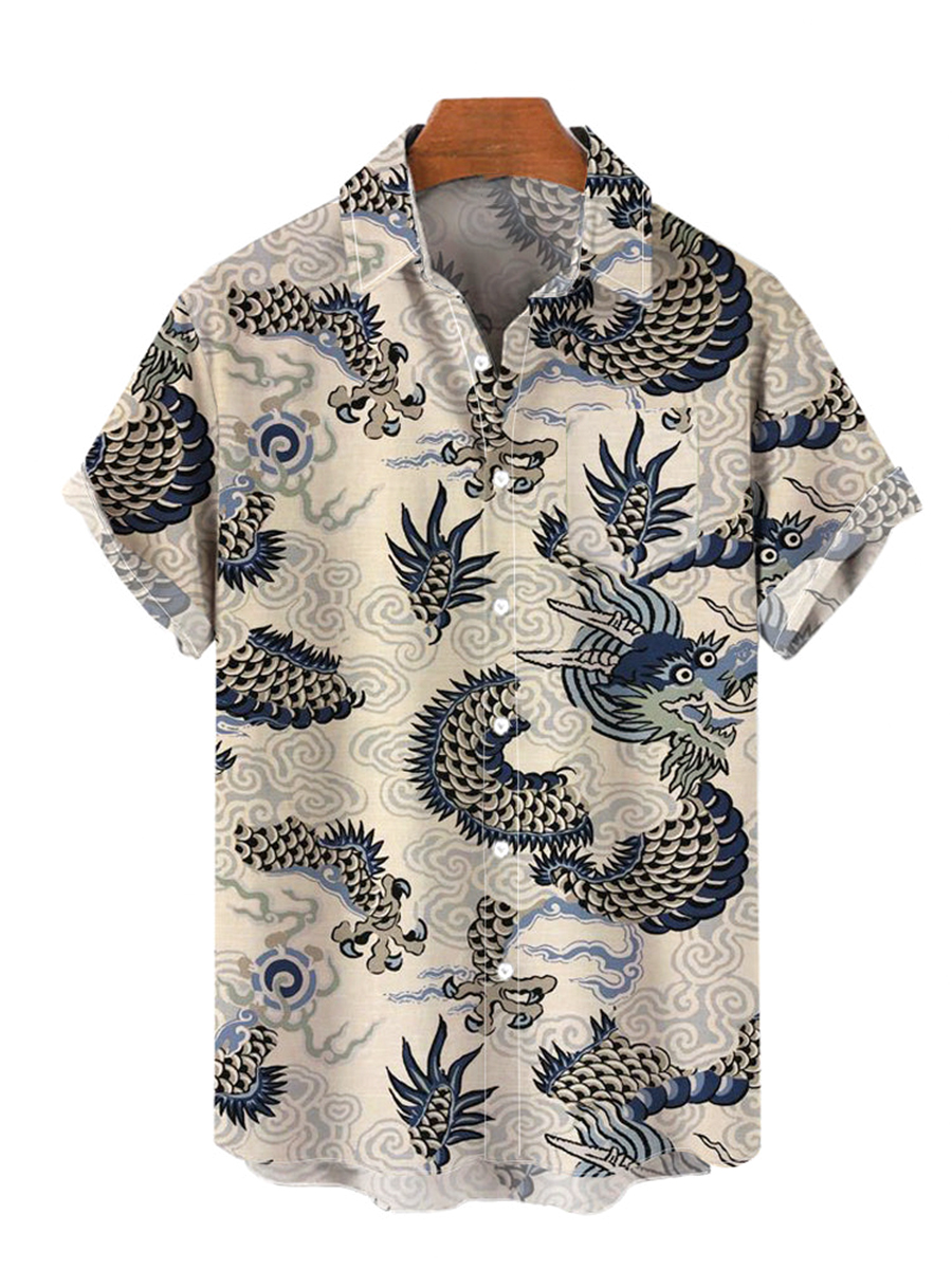 Men's Hawaiian Shirts Flying Dragon In The Cloud Print Aloha Shirts