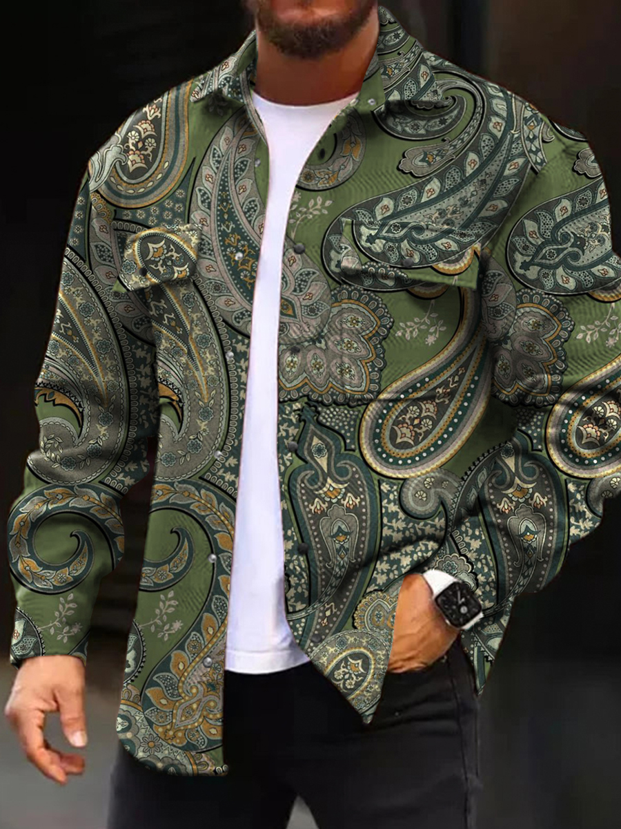 Men's Casual Jacket Retro Green Paisley Print Long Sleeve Pockets Shirt Jacket