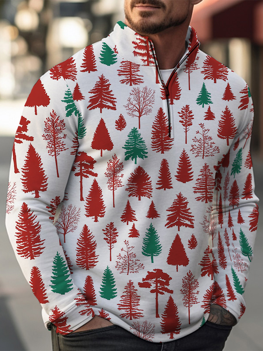Christmas Tree Print Casual Zip Long Sleeve Sweater