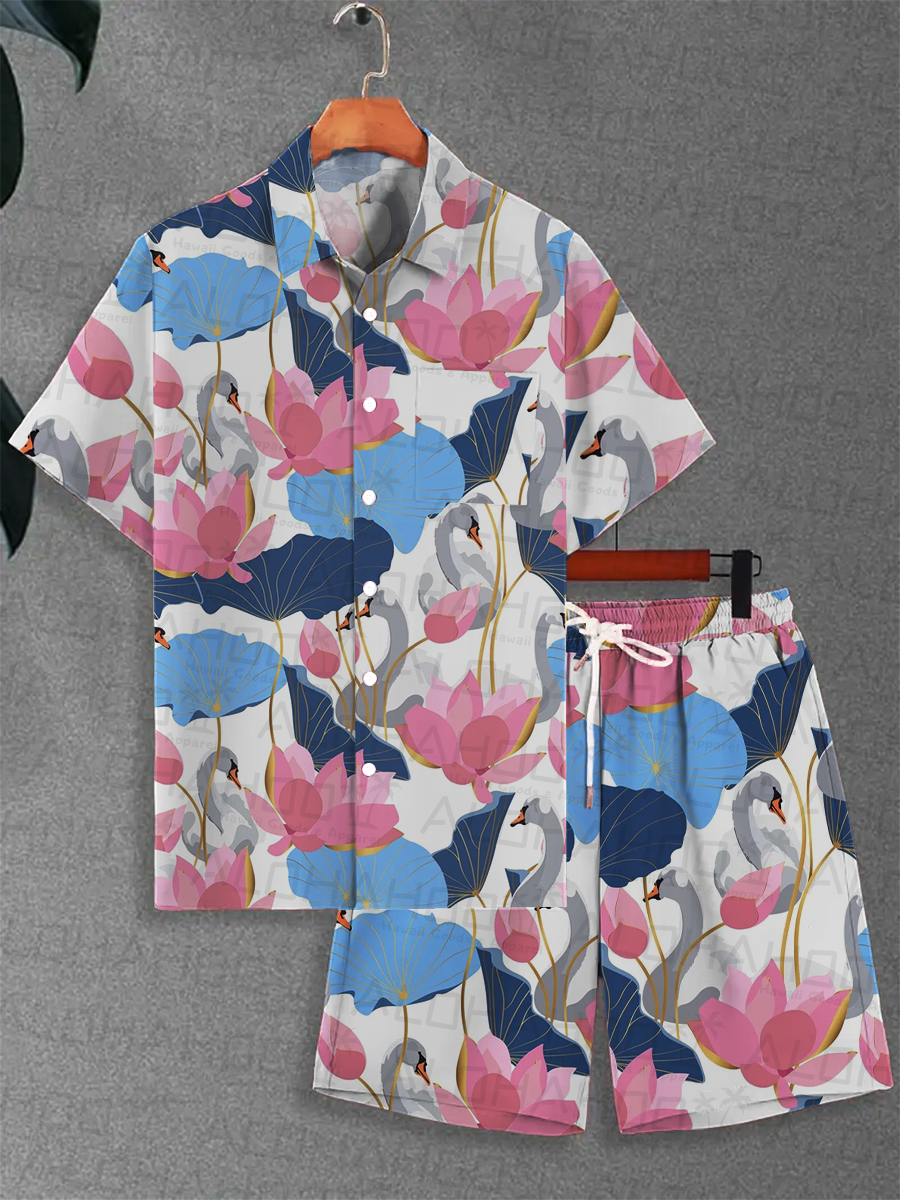 Men's Sets Hawaiian Lotus And Crane Print Button Pocket Two-Piece Shirt Shorts Set