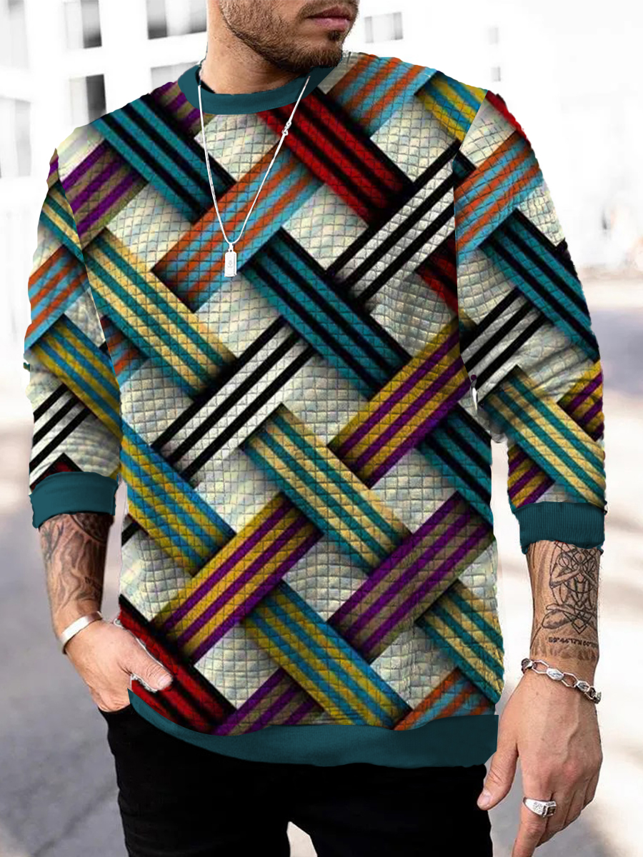 Men's Waffle Sweatshirt Cross Stripes Print Waffle Long Sleeve Sweatshirt