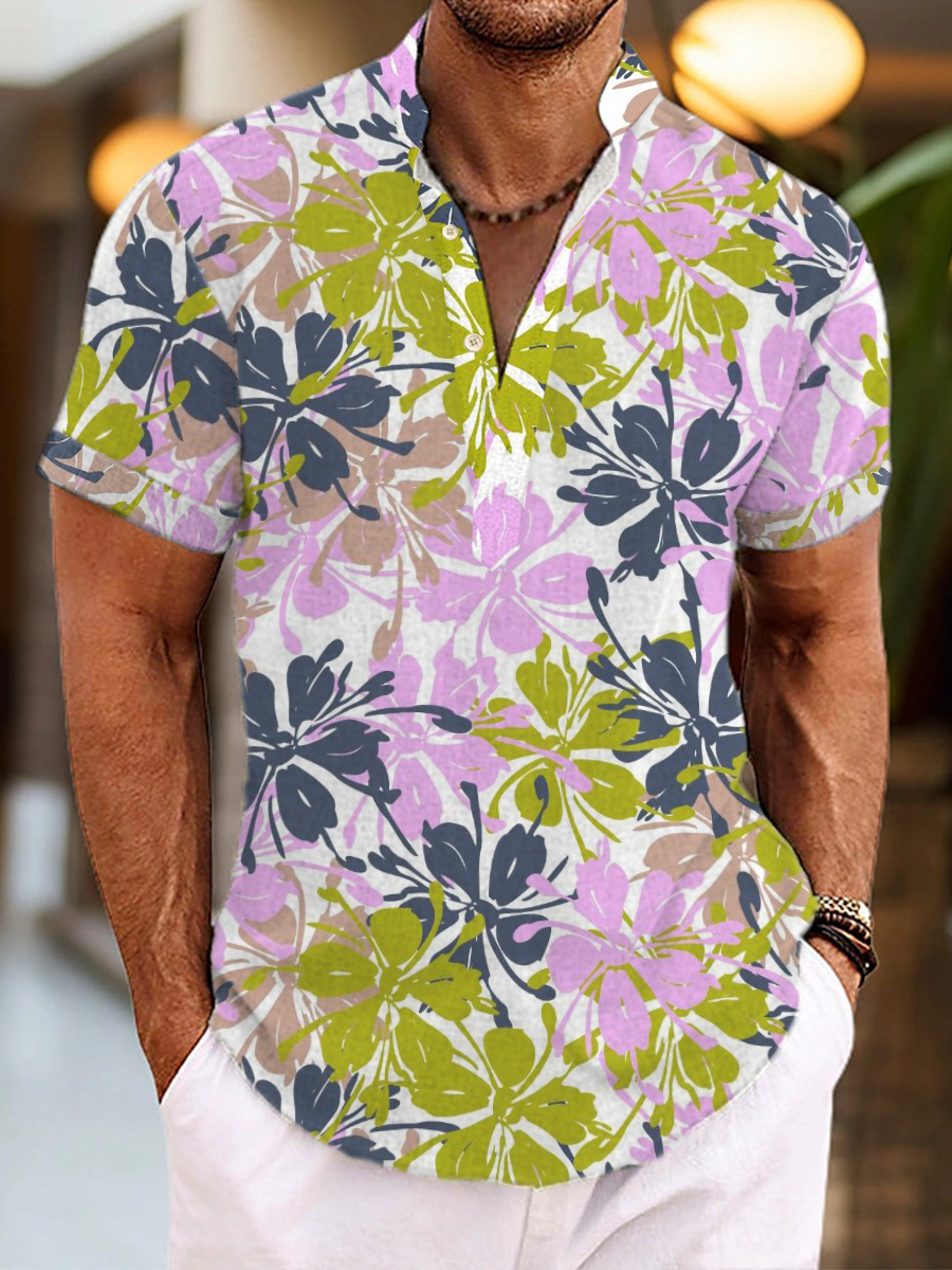 Men's Henley Shirts Art Floral Printed Short-Sleeved Shirt
