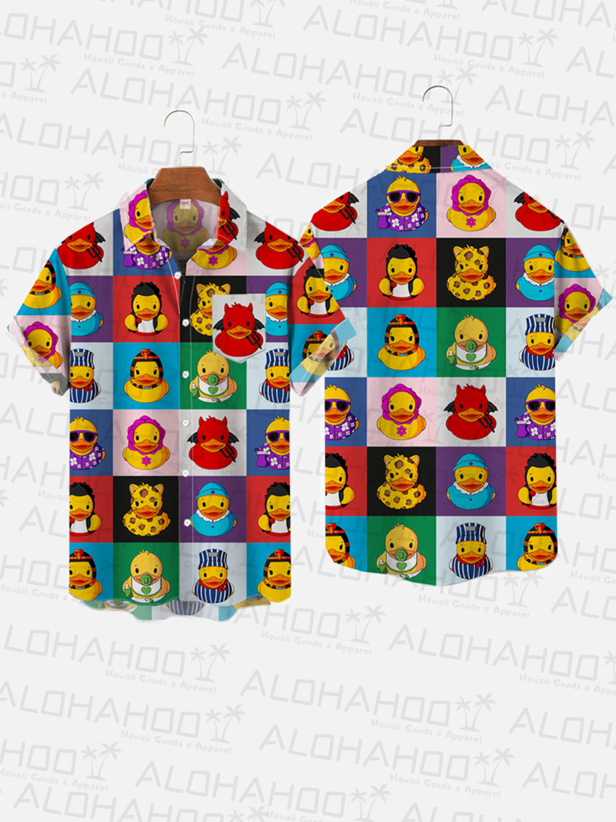 Colorblock Cute Cartoon Rubber Duck Pattern Print Breast Pocket Short Sleeve Shirt