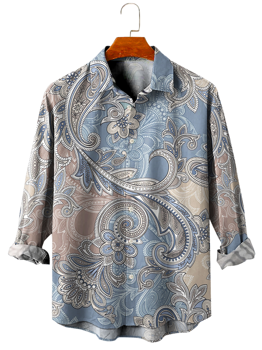 Men's Hawaiian Shirt Vintage Fashion Paisley Print Casual Vacation Oversized Long Sleeve Shirt