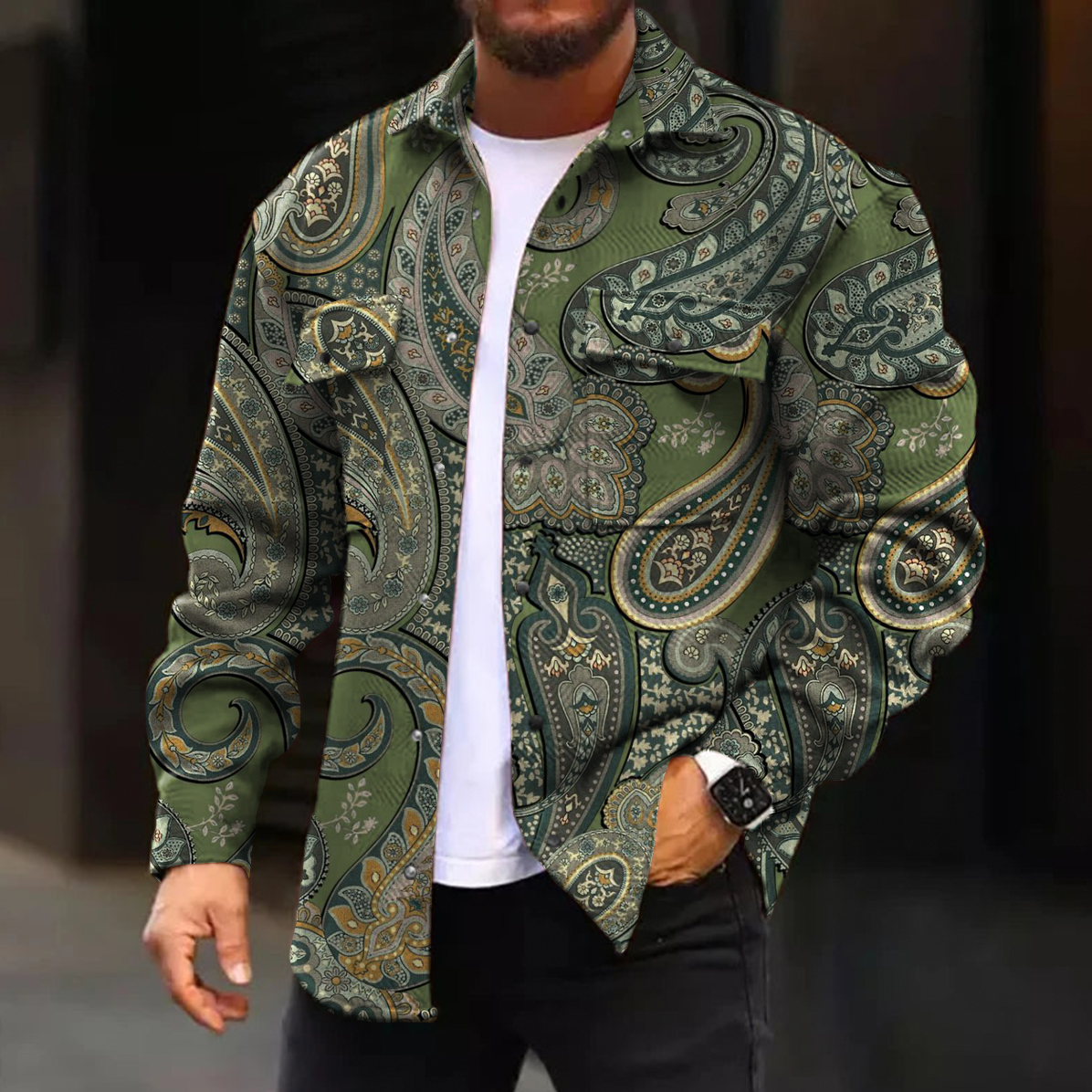 Men's Casual Jacket Retro Green Paisley Print Long Sleeve Pockets Shirt Jacket