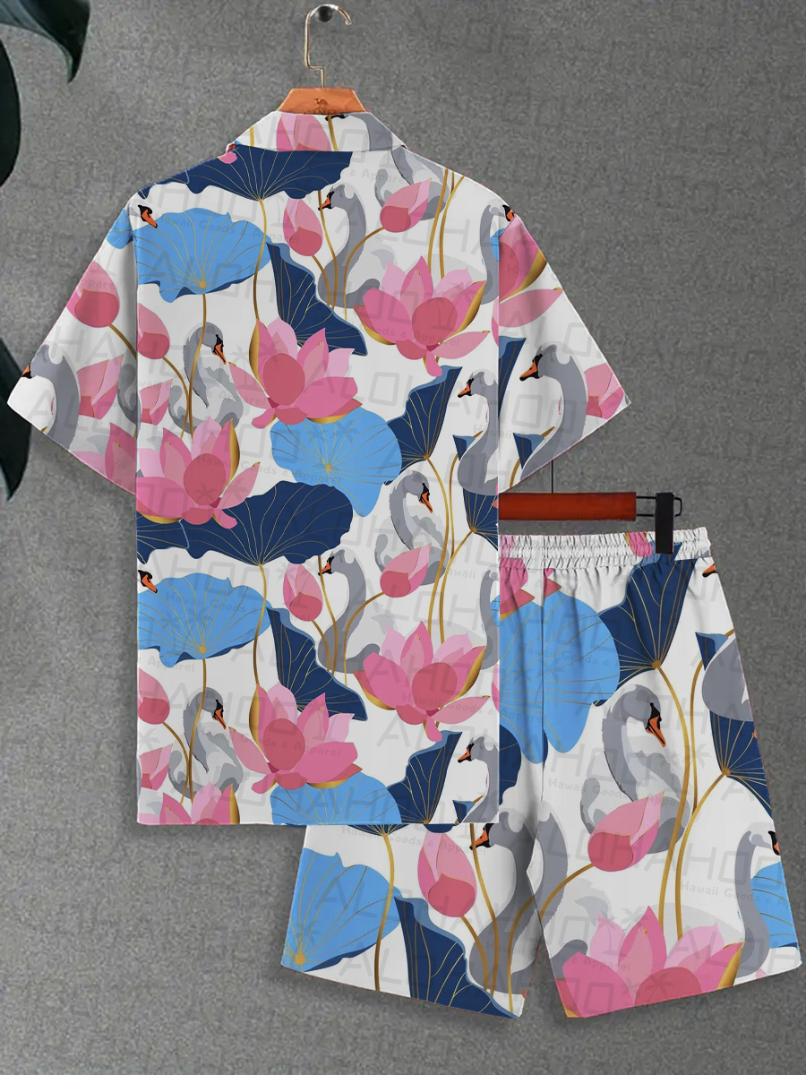 Men's Sets Hawaiian Lotus And Crane Print Button Pocket Two-Piece Shirt Shorts Set