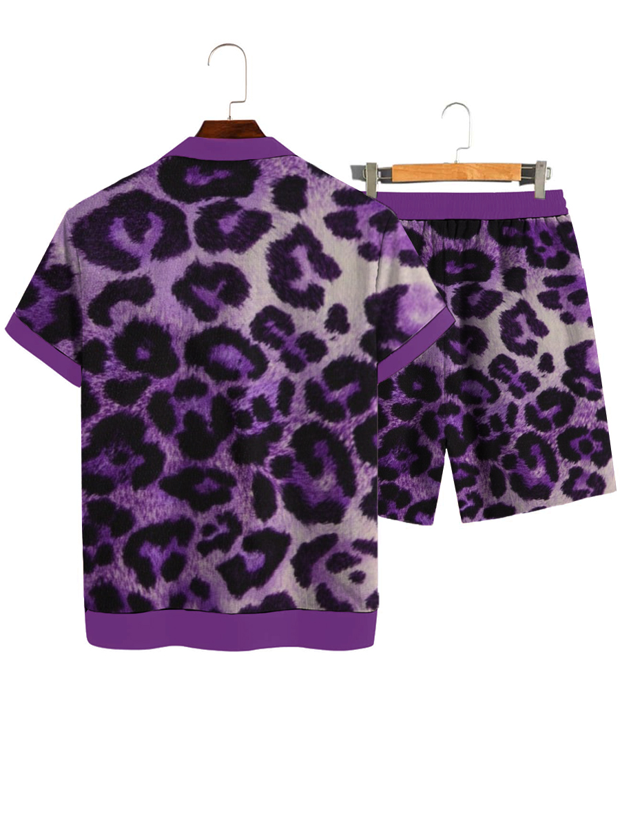 Men's Sets Hawaiian Leopard Print Button Pocket Two-Piece Shirt Shorts Set