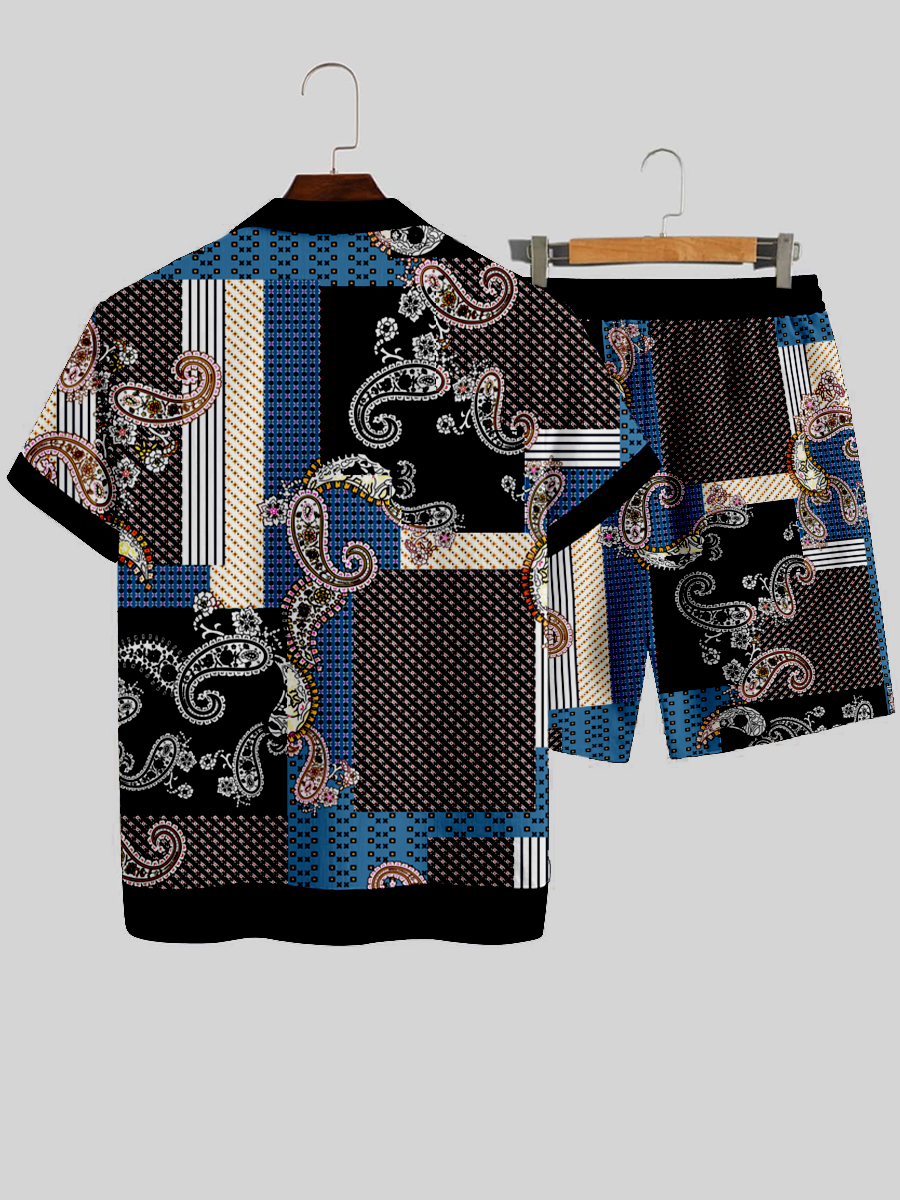 Men's Sets Hawaiian Vintage Patchwork Print Button Pocket Two-Piece Shirt Shorts Set