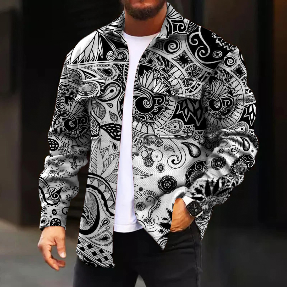 Men's Casual Jacket Art Paisley Floral Print Long Sleeve Pockets Jacket