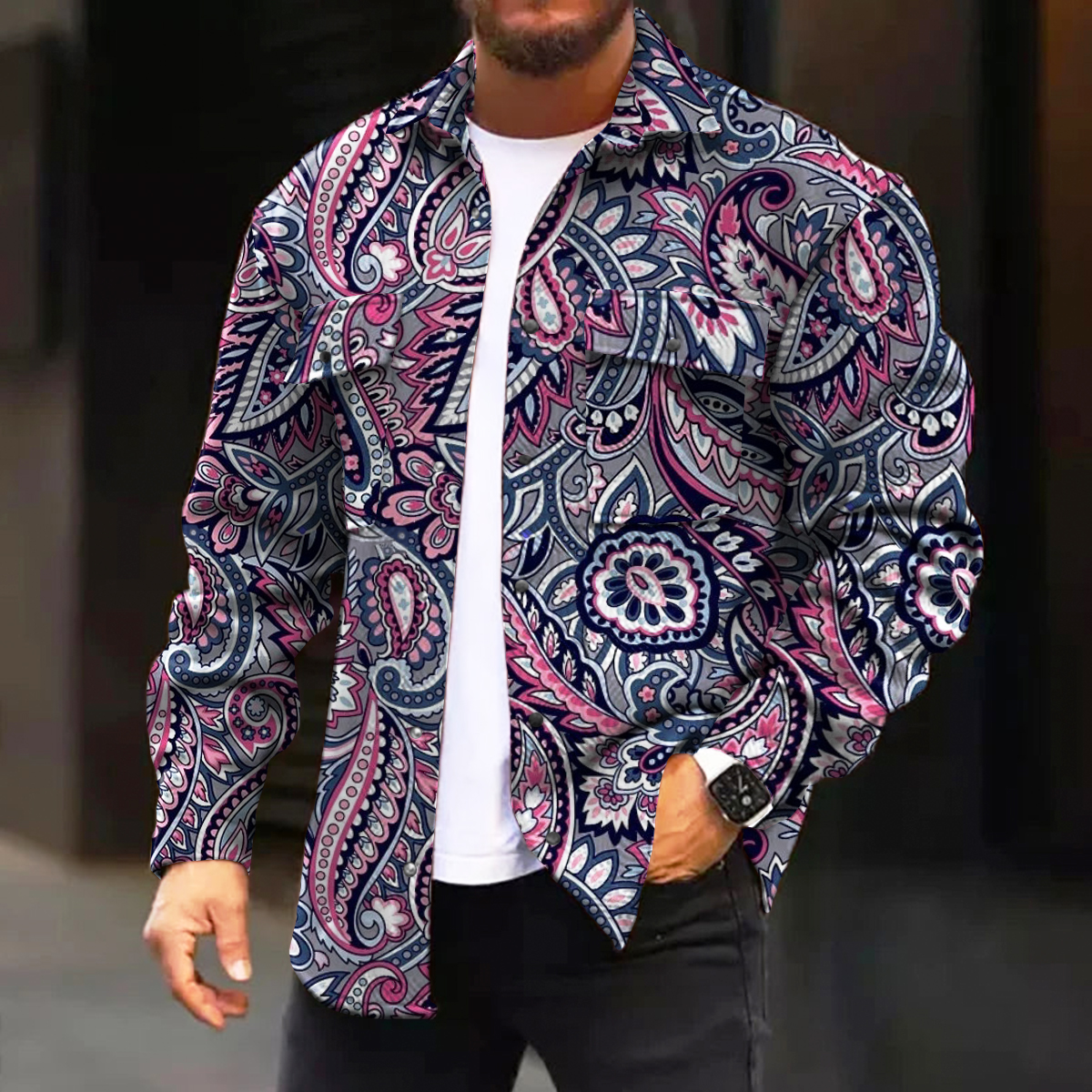 Men's Casual Jacket Vintage Paisley Pattern Long Sleeve Two Pockets Shirt Jacket