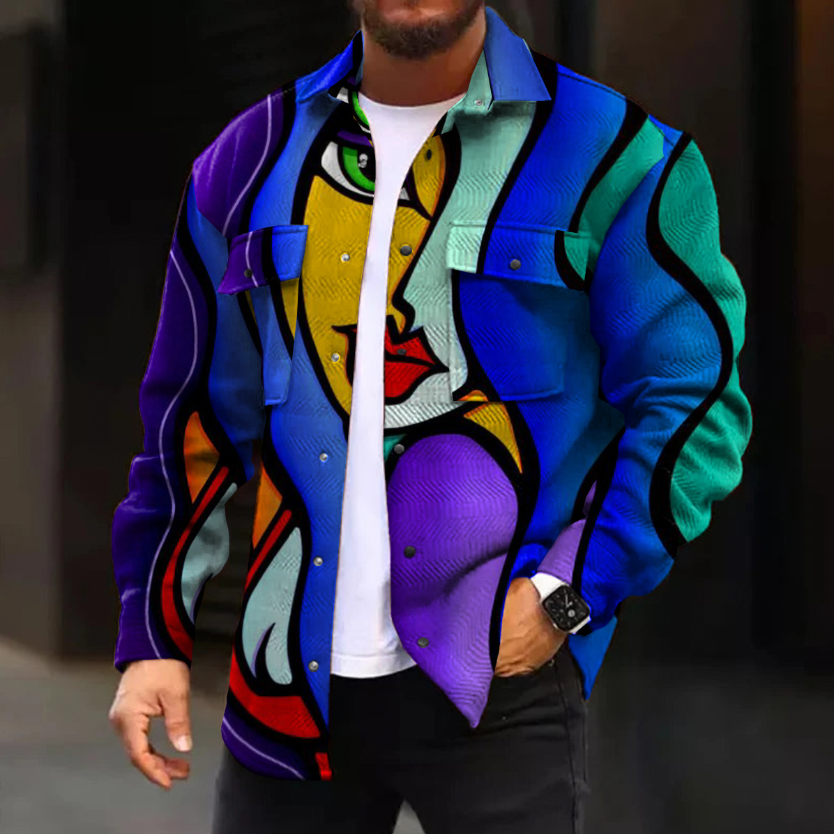 Men's Casual Jacket Abstract Design Print Long Sleeve Pockets Jacket