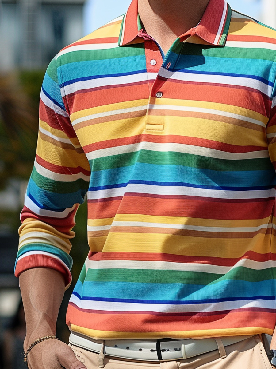 Men's Orange Green Stripes Long Sleeve Button Polo Shirt