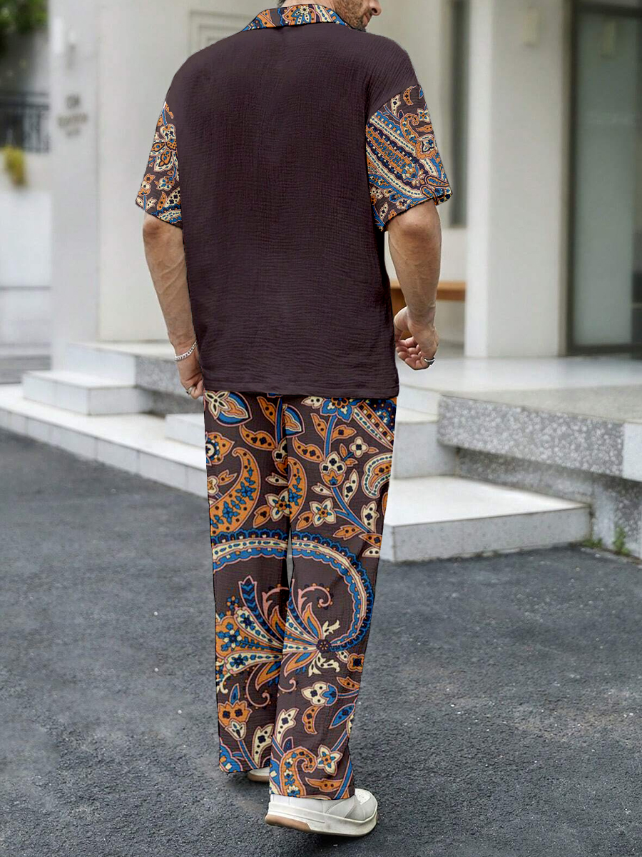 Men's Sets Paisley Print Button Down Wrinkle Free Seersucker Two-Piece Shirt Shorts