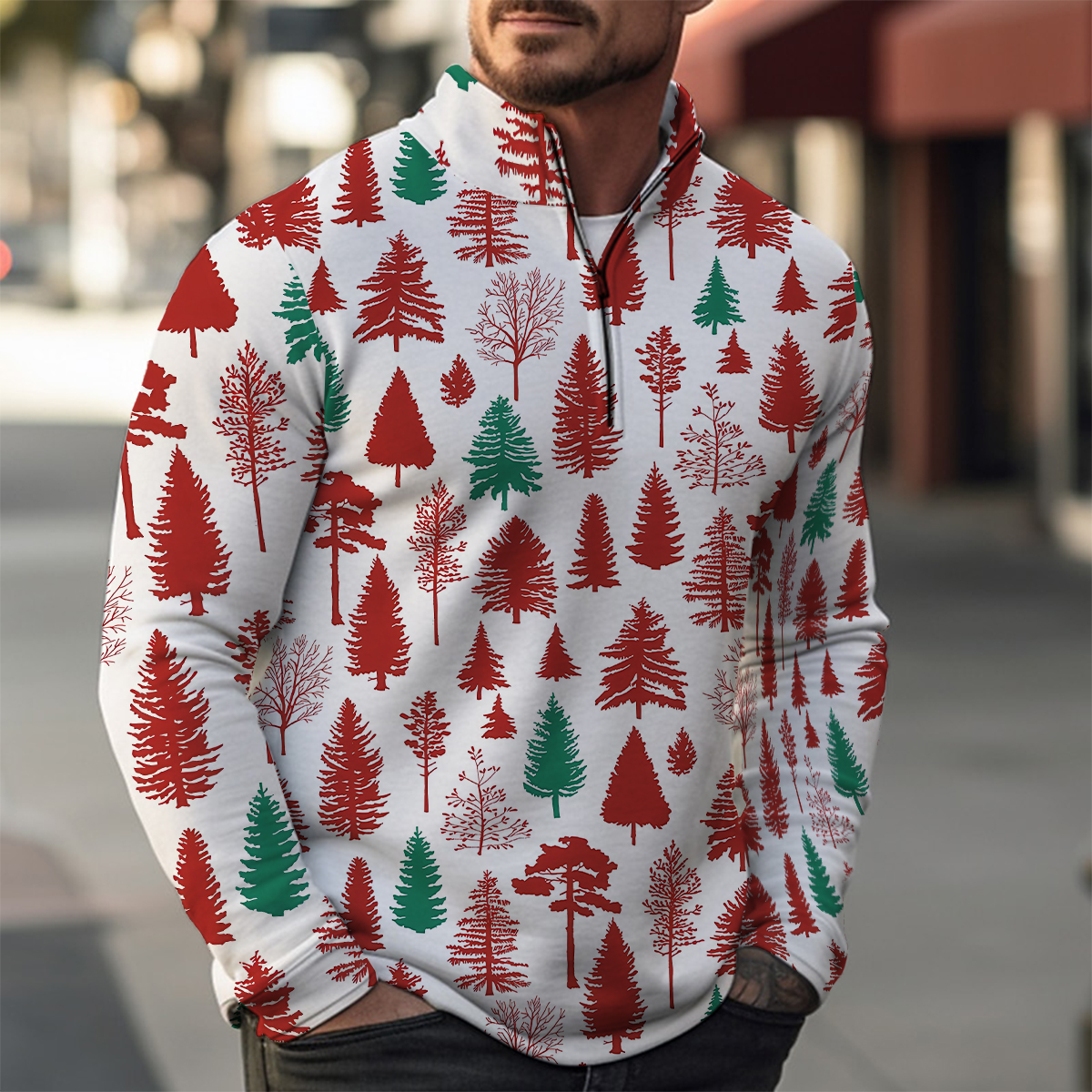 Christmas Tree Print Casual Zip Long Sleeve Sweater